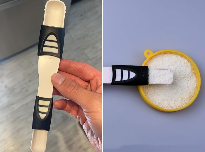 Hand holding a trending adjustable measuring spoon from Pandaverse filled with a white powder product.