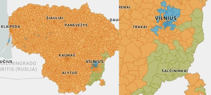 Lithuanian Presidential Election Map. Orange- Current President, Blue-Current Prime Minister, Green- Pro-Russian Candidate