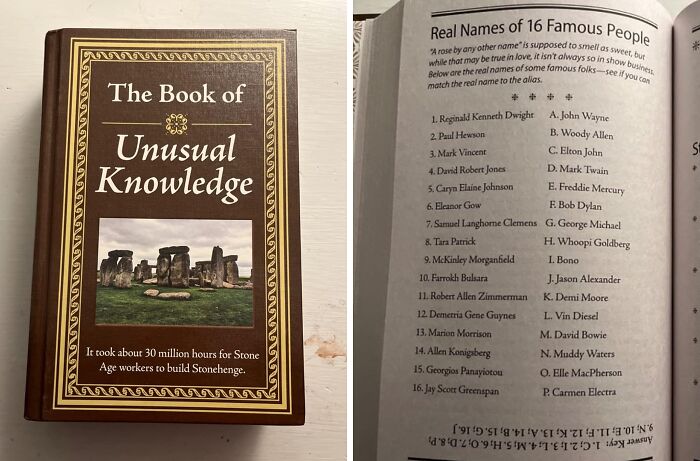 Book of unusual knowledge with a list of real names of famous people, trending products in the Pandaverse virtual market.