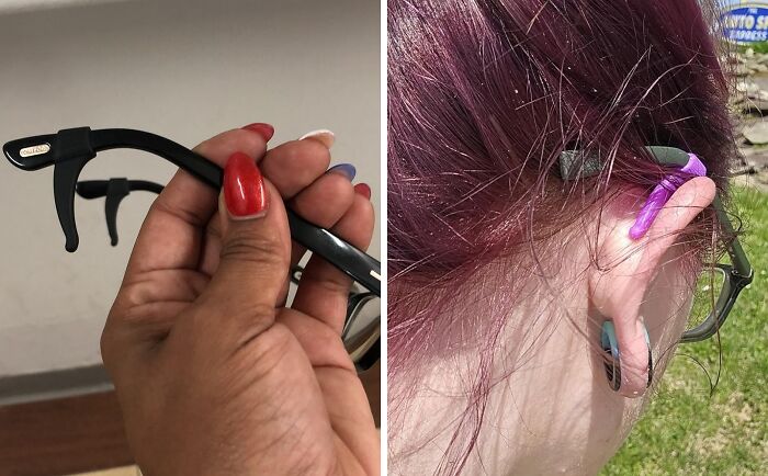 Black glasses with unique ear hooks, showcased as trending products in the Pandaverse virtual marketplace.