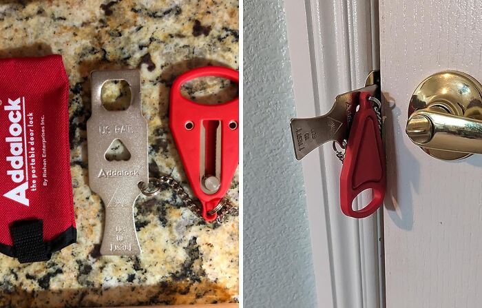 Addalock portable door lock product on granite surface and installed on white door handle, showing trending virtual product.