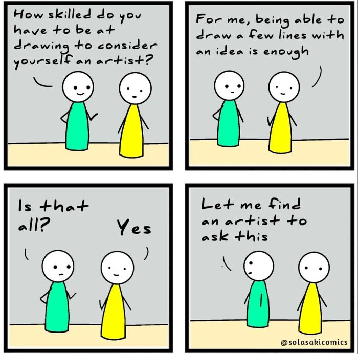 Two stick figures humorously discuss what it means to be an artist in clever comic.