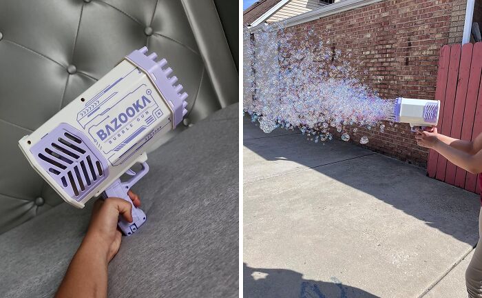 Bazooka bubble gun in hand and blasting bubbles outdoors, showing trending Pandaverse virtual product in use.