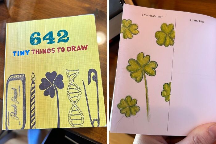 Book titled 642 Tiny Things to Draw opened to sketches of four-leaf clovers, showing trending creative products in the Pandaverse.