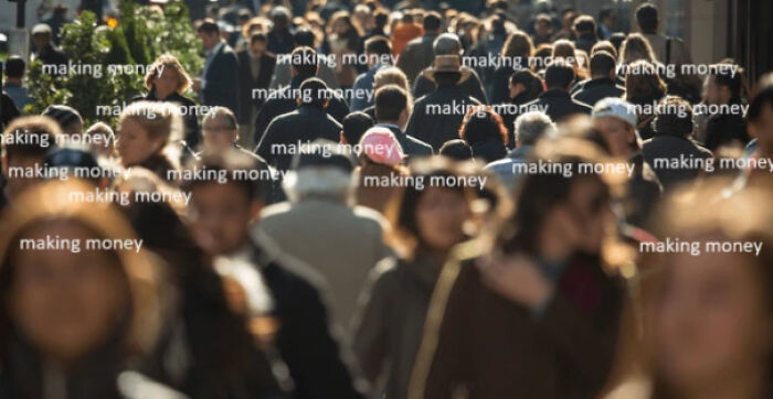 A crowd of job hunters with "making money" text overlay, showcasing the challenges of recruiting hell.