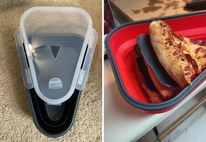 Collapsible food containers for reinventing fridge and pantry storage, shown empty and storing pizza slices.