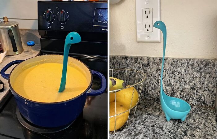 Unusual kitchen ladle shaped like a dinosaur, perfect for serving soup, and stands upright on kitchen counter.