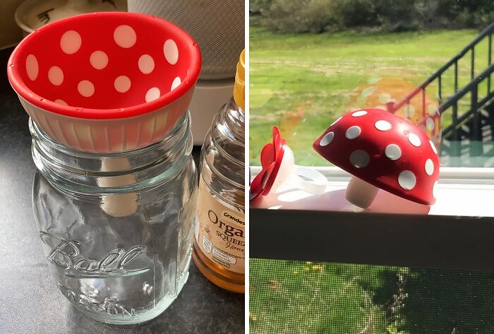 Red polka dot kitchen item shaped like a mushroom, shown as a jar accessory and window decoration.