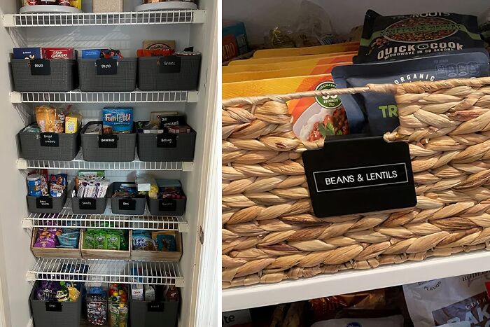 Organized pantry with labeled baskets and a fridge shelf holding a basket for improved storage efficiency.