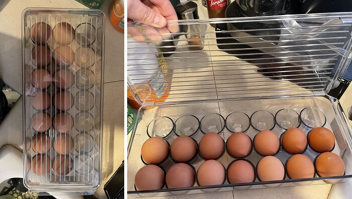 Egg storage container in fridge, neatly organizing brown eggs to reinvent your pantry.