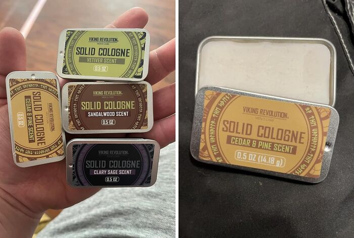 Solid cologne tins with various scents including cedar pine and sandalwood, trending products in the Pandaverse virtual market.
