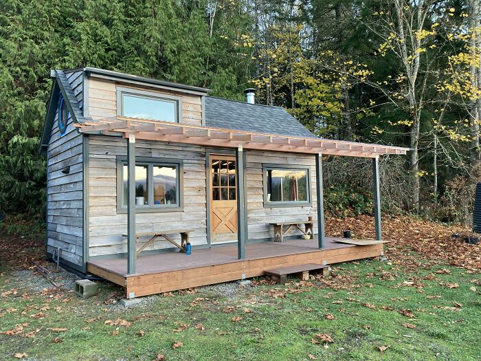 I’ve Been Building This Cabin Since A Bit Before The Pandemic Started. Just Finished The Porch Awning! I Went Into The Project With Very Little Carpentry Experience So I Have Been Learning A Ton