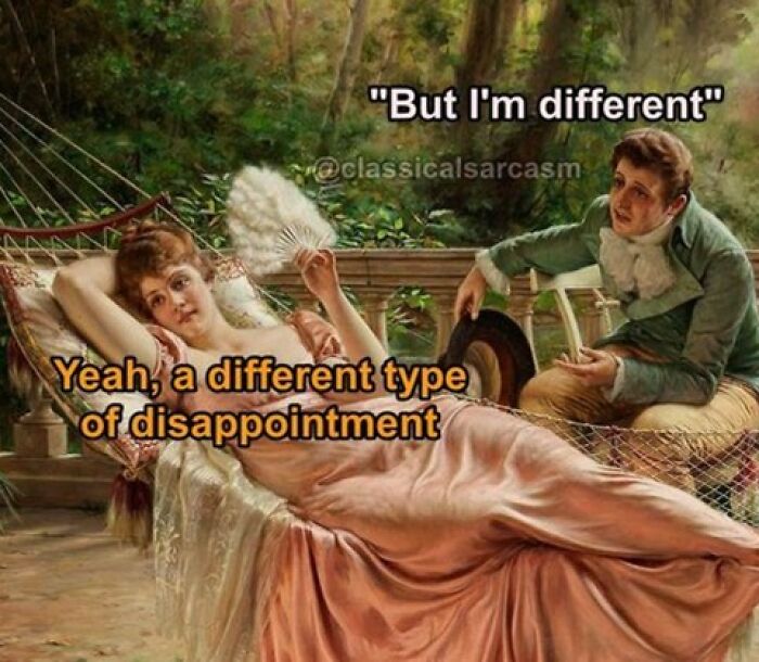 A couple in a classical painting with text that became a relatable meme, featuring witty dialogue.