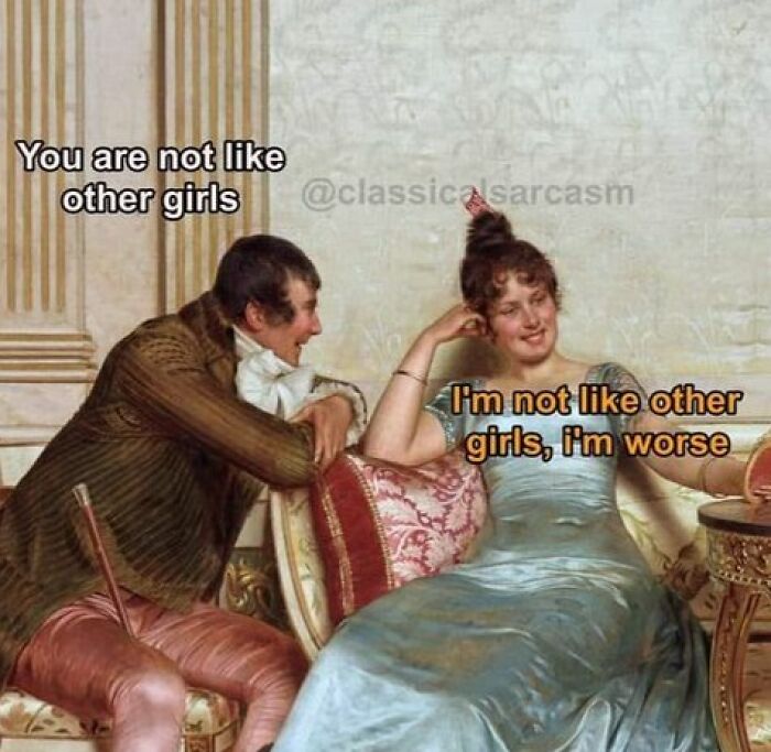 Historic artwork transformed into a relatable meme, depicting a humorous conversation between a man and a woman.
