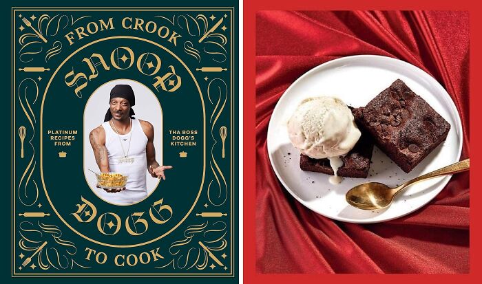 Cookbook cover featuring Snoop Dogg holding a plate of food alongside a plate with brownies and ice cream on a red cloth, trending products.