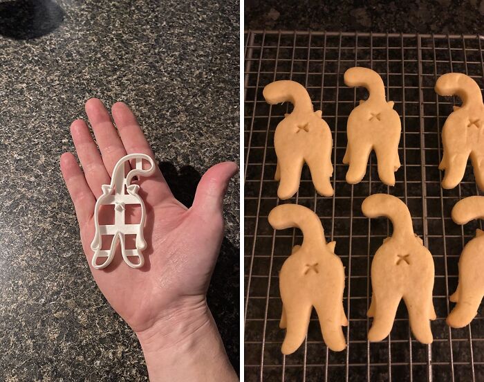 Hand holding a cat-shaped cookie cutter; baked cat cookies on a cooling rack showcasing borderline genius products.