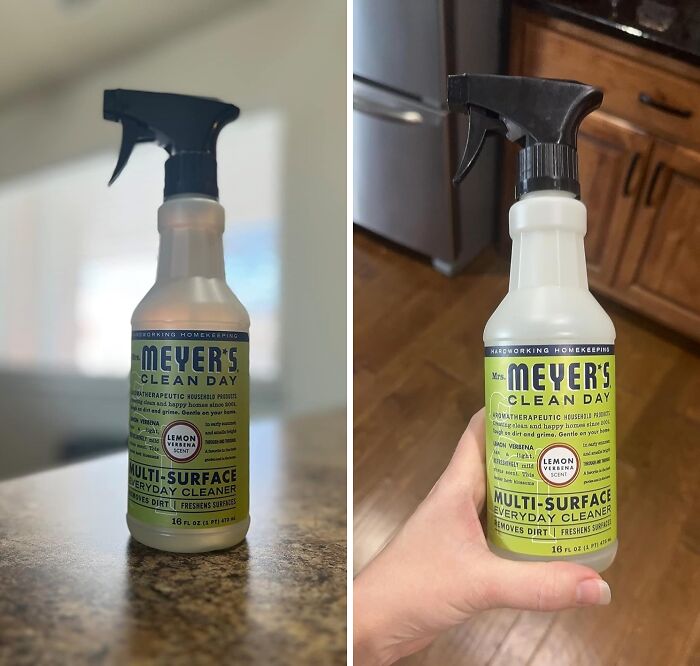 Mrs. Meyer's multi-surface cleaner in a kitchen setting, perfect for reinventing your pantry organization.