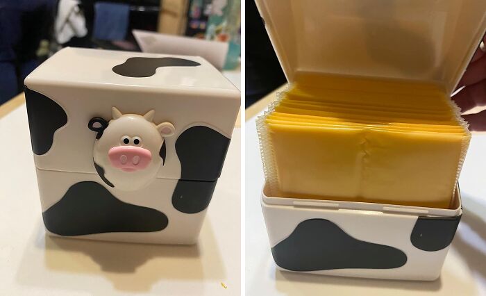 Cow-print cheese storage container, a simple product to reinvent your fridge and pantry organization.