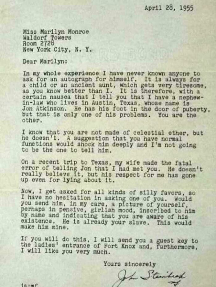 Letter From John Steinbeck To Marilyn Monroe