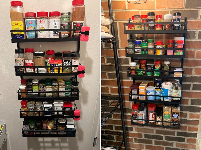 Organized pantry shelves with spices and condiments to reinvent your fridge and pantry storage efficiently.