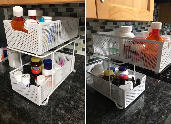Stackable metal baskets organize pantry items on a kitchen counter, optimizing fridge and pantry storage space.