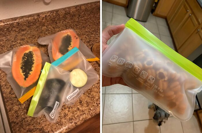 Reusable silicone bags storing fruits and snacks, enhancing fridge and pantry organization.