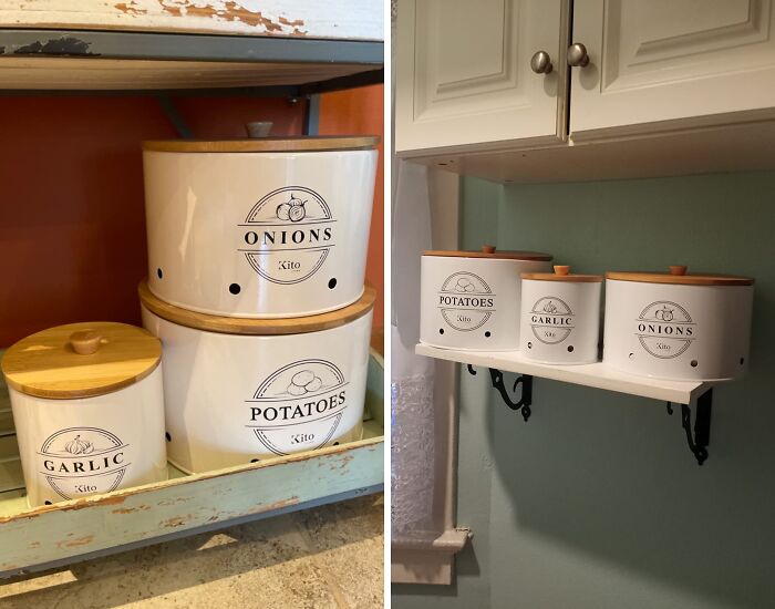 Ceramic storage jars for onions, potatoes, and garlic, perfect for organizing your fridge and pantry.