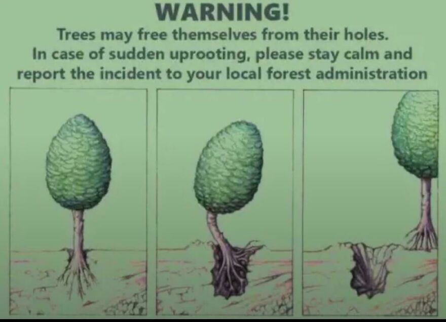 &Aacute;rbol caminante con se&ntilde;al de advertencia estilo horror anal&oacute;gico, ra&iacute;ces emergiendo del suelo.