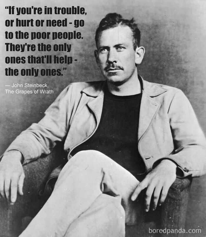 Man in a suit sitting, with a quote on chaotic good actions from "The Grapes of Wrath" by John Steinbeck.