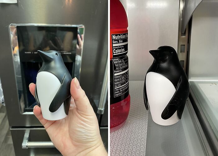 Penguin-shaped container for innovative fridge and pantry organization.