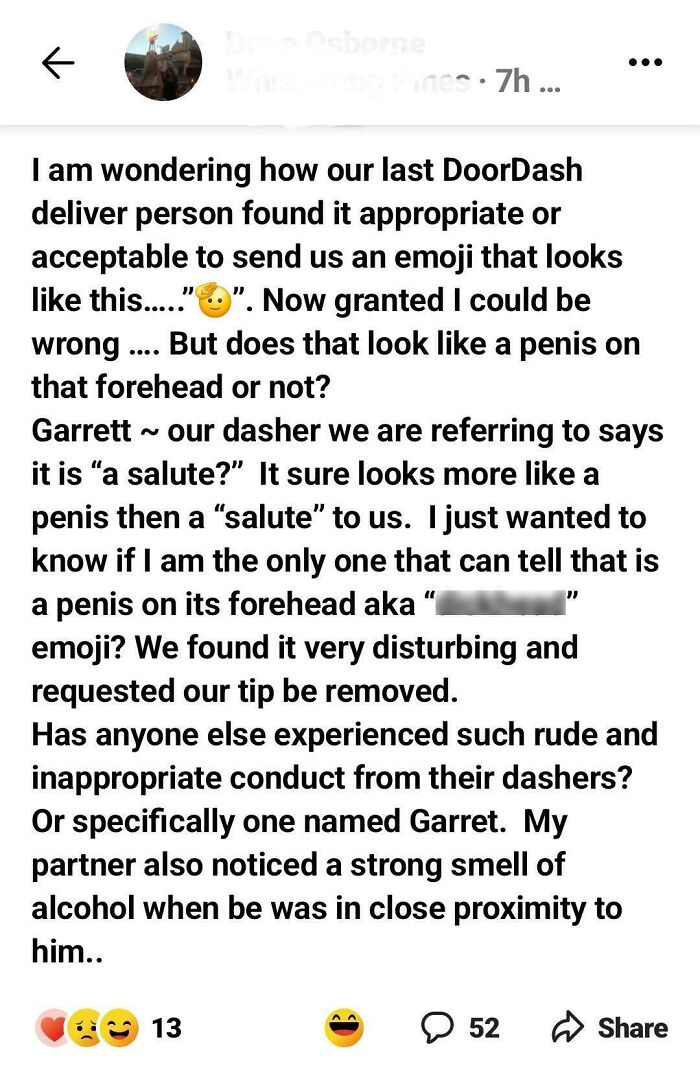 Person complains about inappropriate Dasher emoji on NextDoor app, seeking feedback from community.