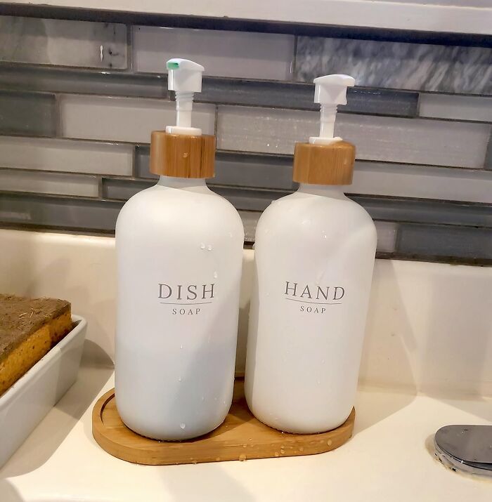 Never Get Confused Between Which Bottle Is Which With This Minimalist Kitchen Soap Dispenser Set 