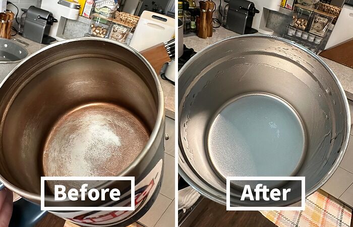 Before and after cleaning of a kitchen container showing everyday finds that help fix your annoyances effectively.