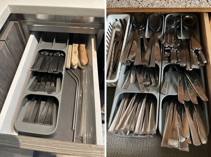 Organized kitchen drawers with cutlery and utensils, showcasing everyday finds that fix common annoyances.