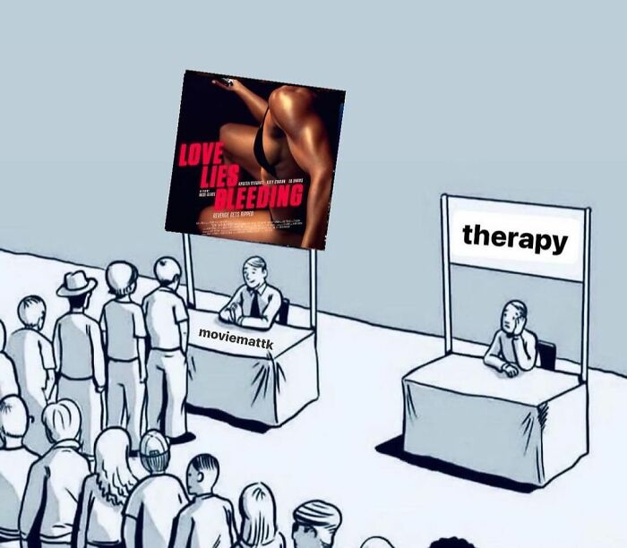 Crowd eagerly chooses a movie meme booth over the empty therapy booth in a funny movie memes comic illustration.
