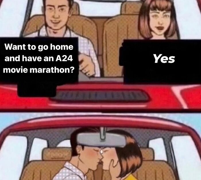 Couple in a car joking about starting an A24 movie marathon, illustrating funny movie memes that hit harder.