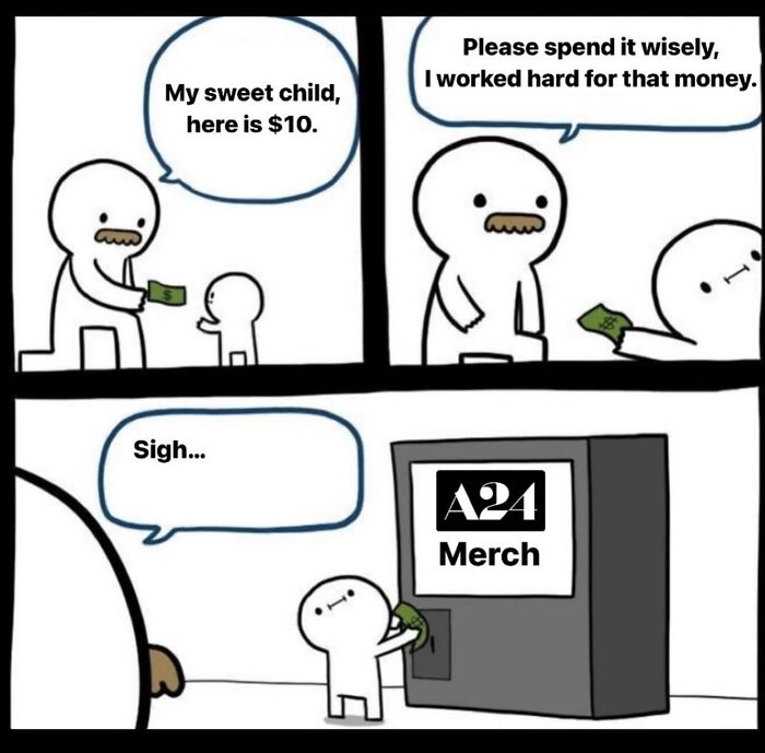Cartoon meme showing a child spending money on A24 merch, illustrating funny movie memes about film fandom spending.