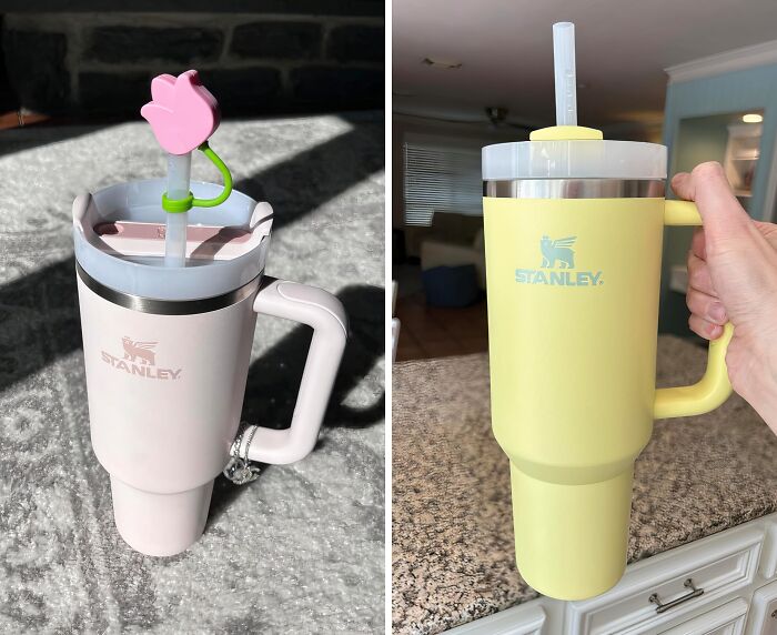 Two Stanley tumblers, pink and yellow, showcased on a countertop glowing in sunlight, highlighting best sellers.