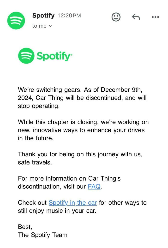 Email from Spotify announcing the discontinuation of Car Thing, reflecting a boring dystopia theme.