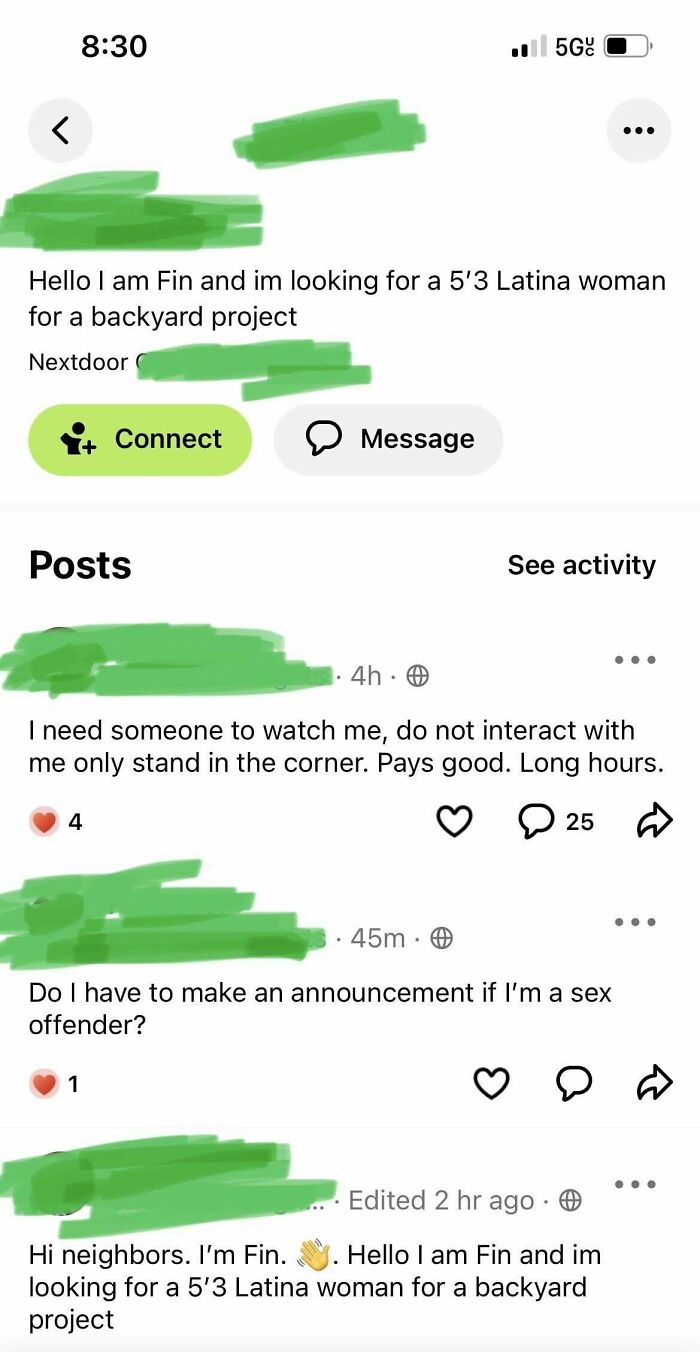 Ridiculous NextDoor posts about odd job requests and unusual announcements.