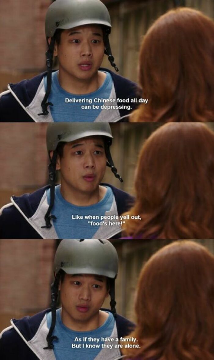 Person in a helmet discussing the loneliness of food delivery, reflecting on family-related memes and humor.