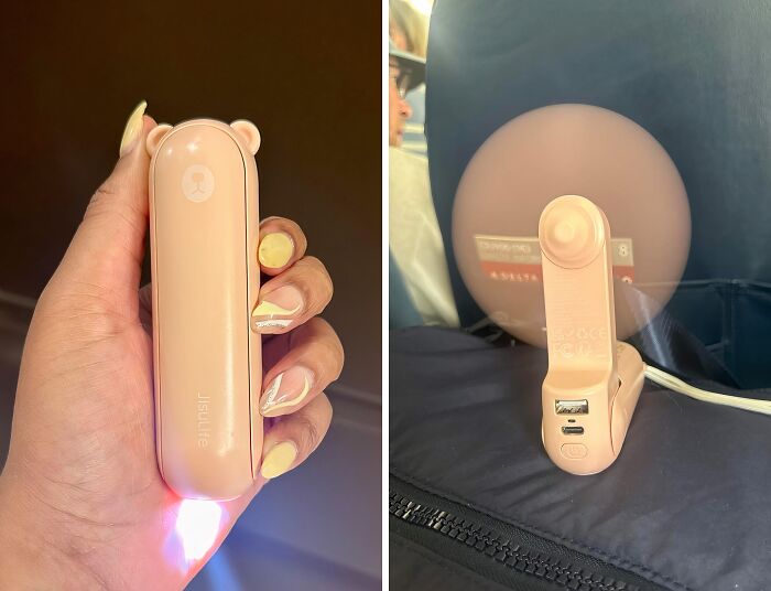 Hand holding a portable pink travel fan with a light, an Amazon best seller, next to the same fan standing on a seat.
