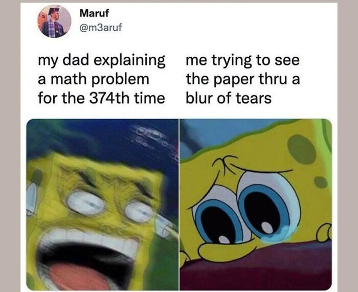 SpongeBob meme humorously depicting family struggles with math problems.