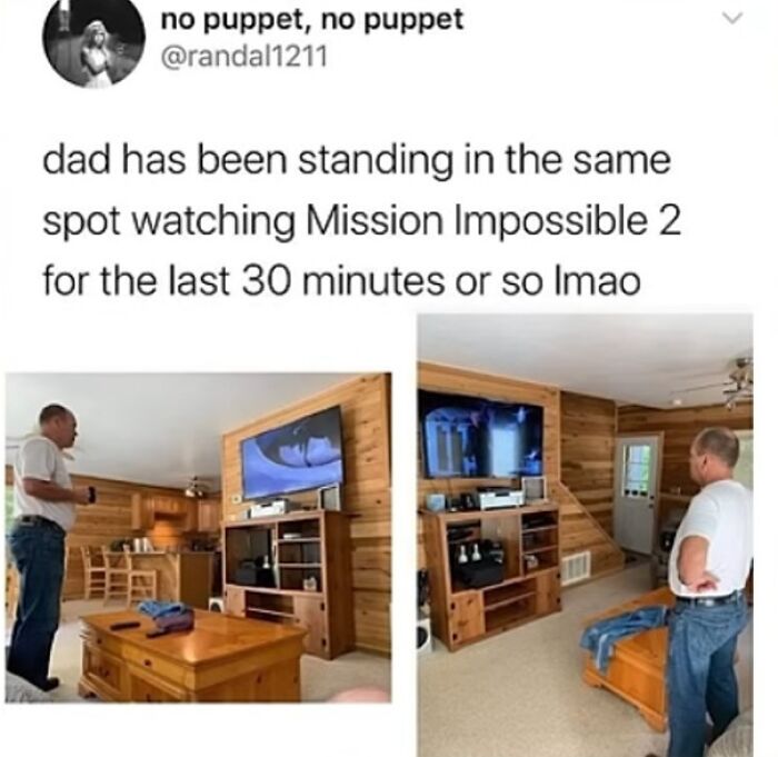 Man stands watching TV in wooden living room, encapsulating funny family moments.
