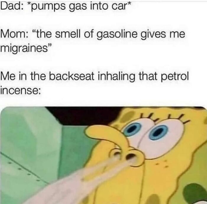 SpongeBob meme about family dynamics and funny reactions to gasoline smell.