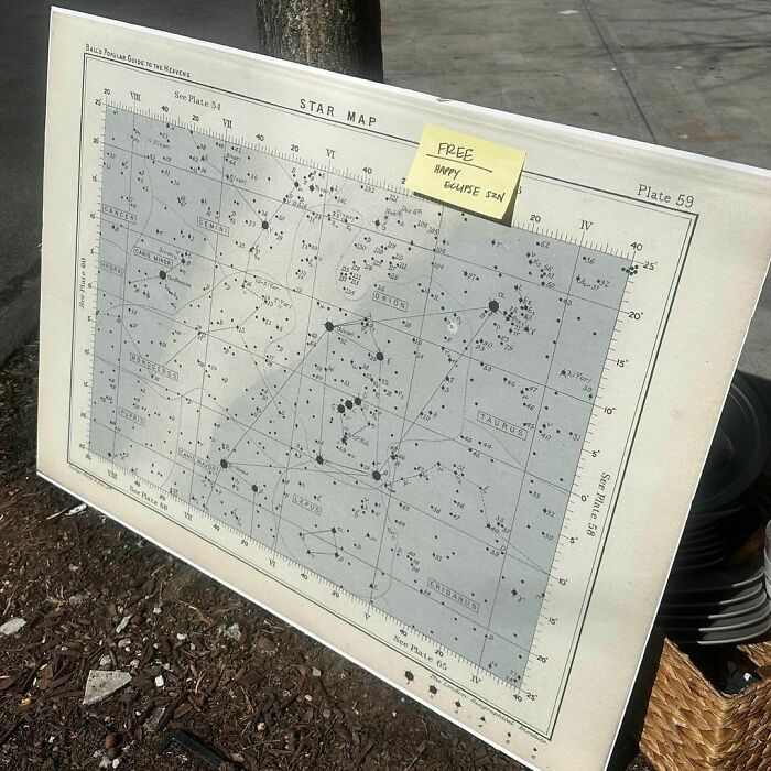 Free star map left on NYC curb, featuring constellations, with a note saying "Free, Happy Eclipse Sun."