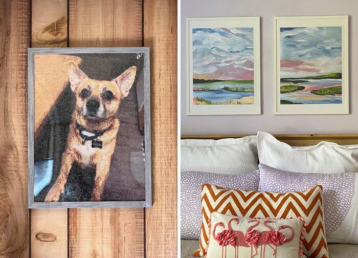 Wall art featuring a dog portrait and abstract landscapes, showcasing Amazon best sellers in home decor.