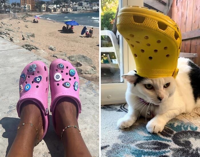 Pink Crocs on a beach and a cat wearing a yellow Croc, showcasing Amazon best sellers.
