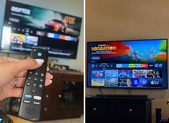 Person using Fire TV remote with streaming options on screen; Amazon best sellers.
