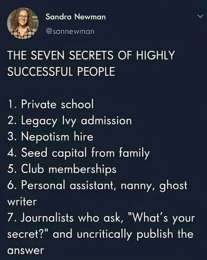 Funny meme about family highlighting seven secrets of success, including nepotism and seed capital from family.